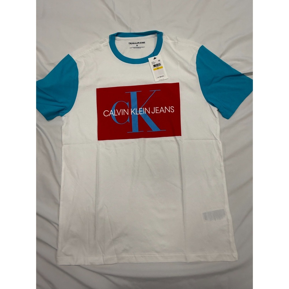 Calvin Klein Jeans Mens Medium Logo Graphic T-Shirt White Blue Ringer Tee NWT